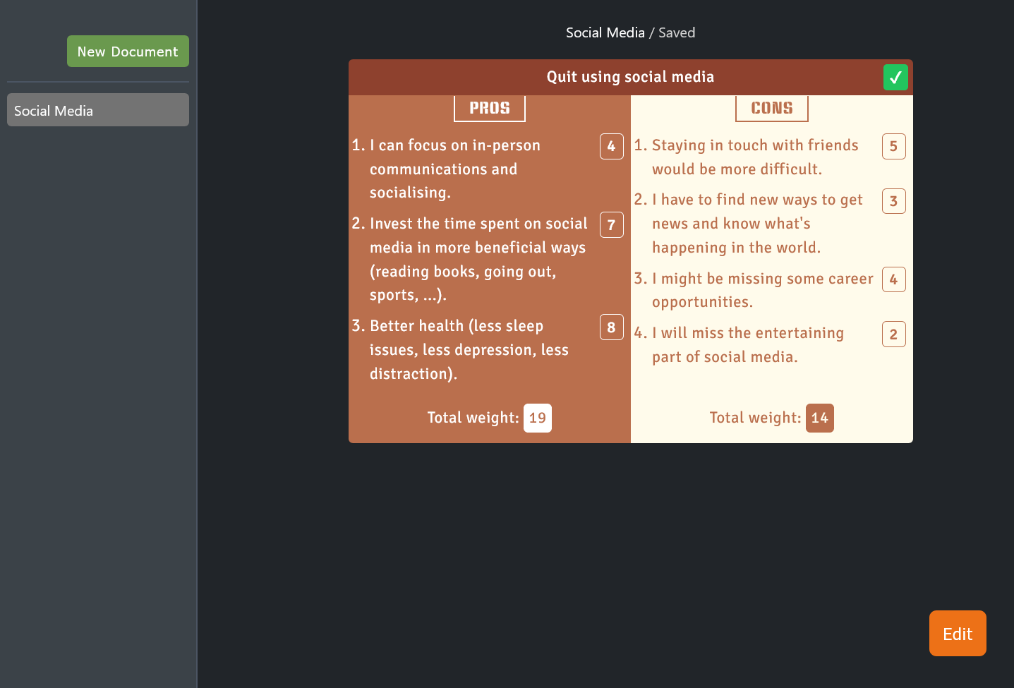 Comparing Pros and Cons in Weighted Decision Project Screenshot